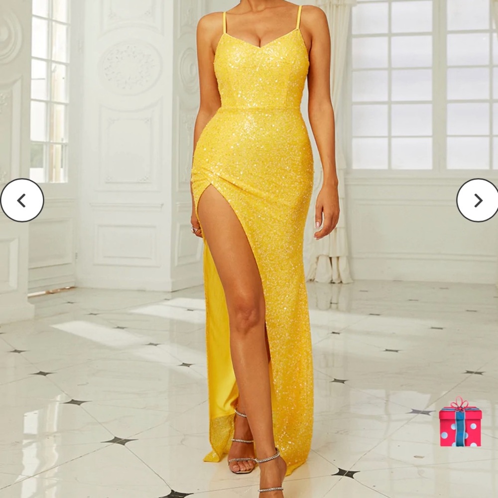 Yellow Miss Ord sequin dress, size small, never worn